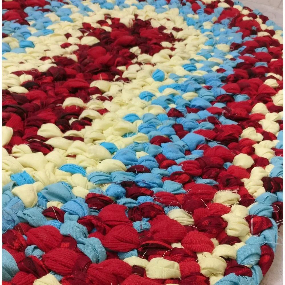 Yellow blue and red woven braided rag rug recycled fabric country farmhouse styl